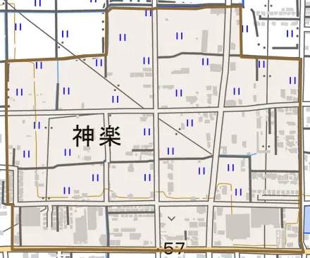 大字神楽とその周辺の地図。町の範囲を重ねている