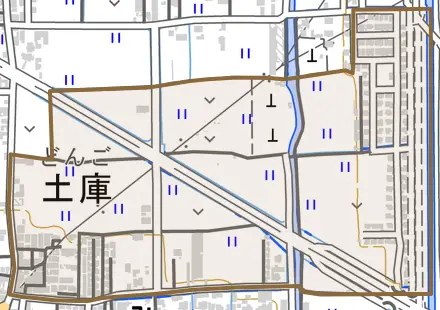 大字土庫とその周辺の地図。町の範囲を重ねている