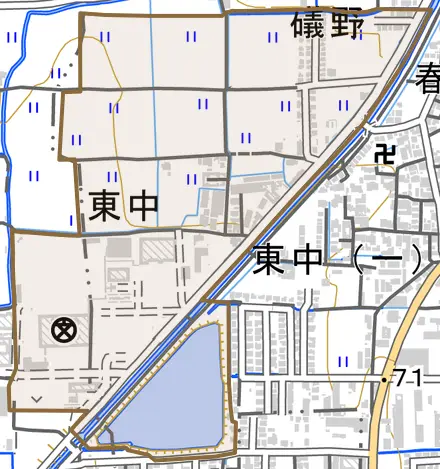 大字東中とその周辺の地図。町の範囲を重ねている