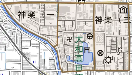 神楽とその周辺の地図。町の範囲を重ねている