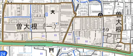 曽大根とその周辺の地図。町の範囲を重ねている