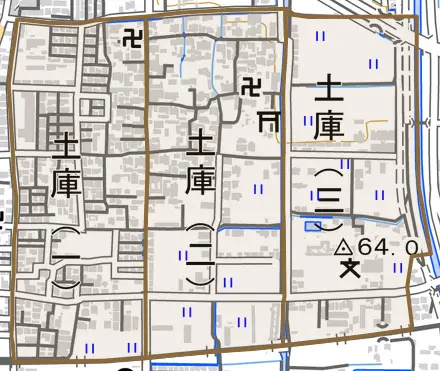 土庫とその周辺の地図。町の範囲を重ねている