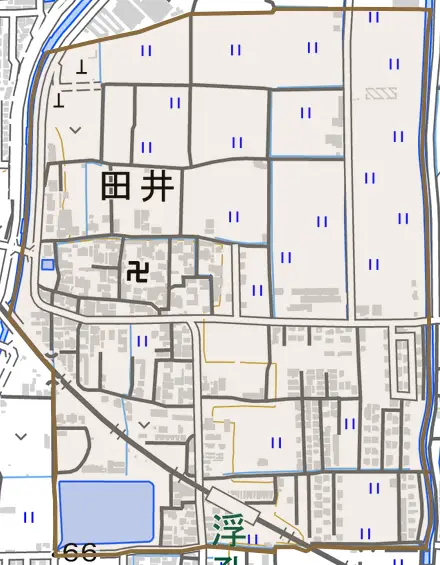 大字田井とその周辺の地図。町の範囲を重ねている