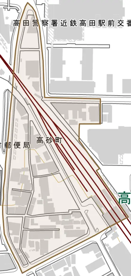 高砂町とその周辺の地図。町の範囲を重ねている