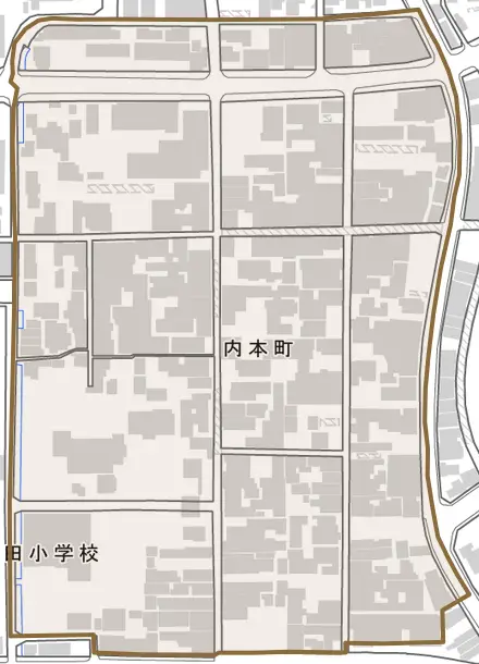 内本町とその周辺の地図。町の範囲を重ねている