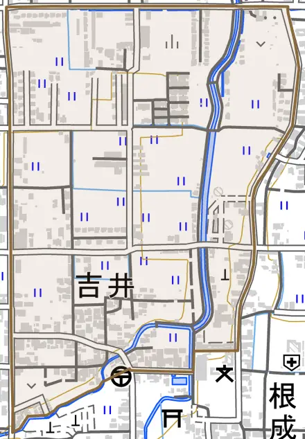 大字吉井とその周辺の地図。町の範囲を重ねている