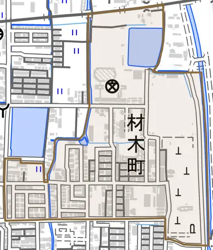 材木町とその周辺の地図。町の範囲を重ねている