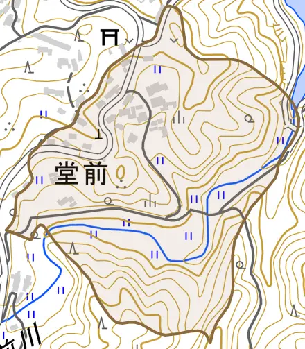 大字堂前とその周辺の地図。町の範囲を重ねている