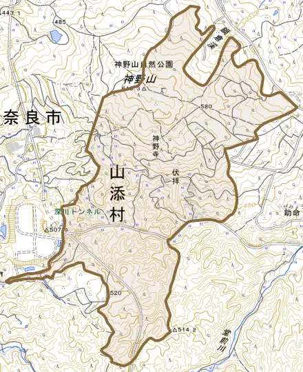 大字伏拝とその周辺の地図。町の範囲を重ねている