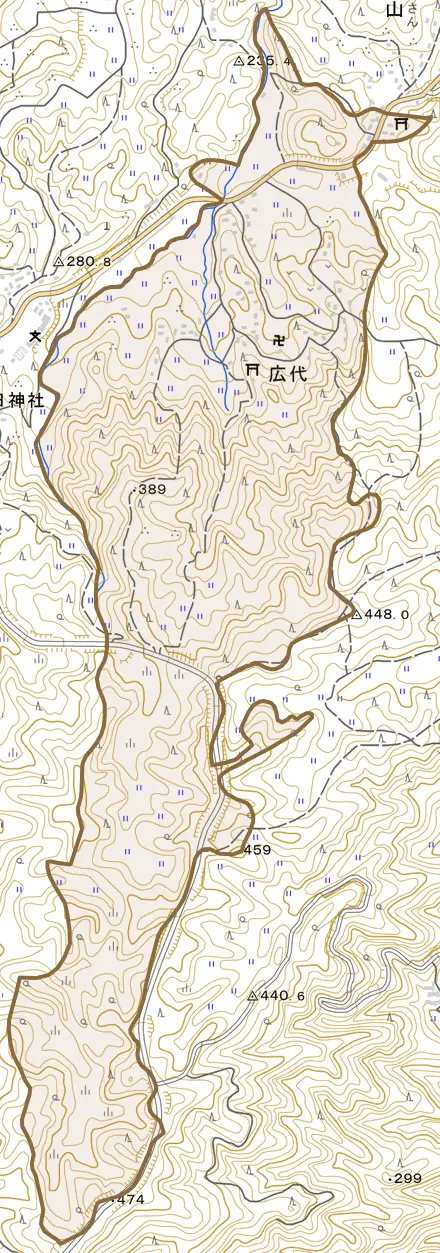 大字広代とその周辺の地図。町の範囲を重ねている