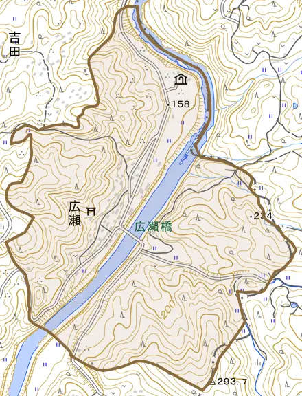 大字広瀬とその周辺の地図。町の範囲を重ねている