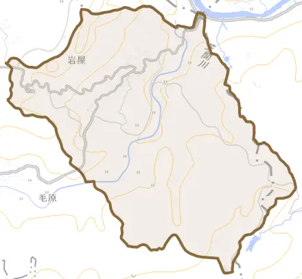 大字岩屋とその周辺の地図。町の範囲を重ねている
