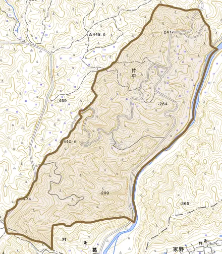 大字片平とその周辺の地図。町の範囲を重ねている