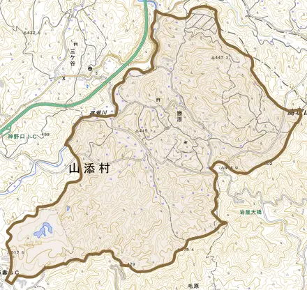 大字勝原とその周辺の地図。町の範囲を重ねている