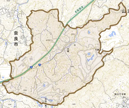 大字切幡とその周辺の地図。町の範囲を重ねている