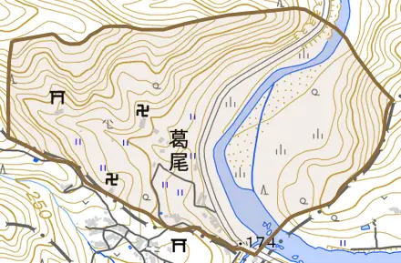 大字葛尾とその周辺の地図。町の範囲を重ねている