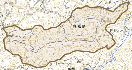 大字松尾とその周辺の地図。町の範囲を重ねている