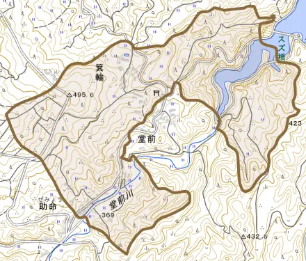 大字箕輪とその周辺の地図。町の範囲を重ねている