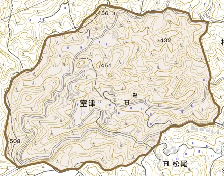 大字室津とその周辺の地図。町の範囲を重ねている