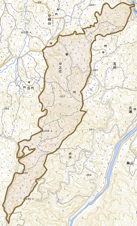 大字中之庄とその周辺の地図。町の範囲を重ねている