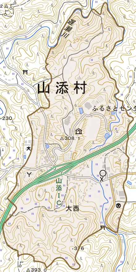 大字大西とその周辺の地図。町の範囲を重ねている