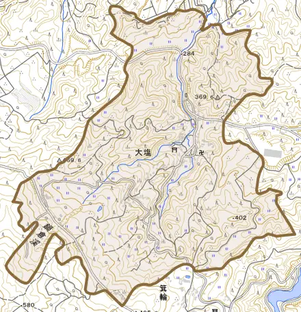 大字大塩とその周辺の地図。町の範囲を重ねている