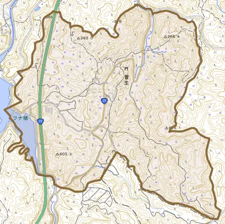 大字菅生とその周辺の地図。町の範囲を重ねている