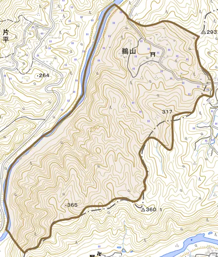 大字鵜山とその周辺の地図。町の範囲を重ねている