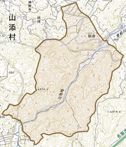 大字助命とその周辺の地図。町の範囲を重ねている