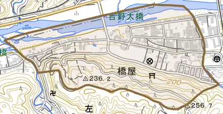 大字橋屋とその周辺の地図。町の範囲を重ねている