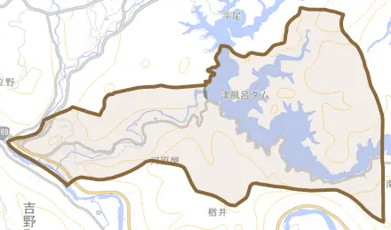 大字河原屋とその周辺の地図。町の範囲を重ねている
