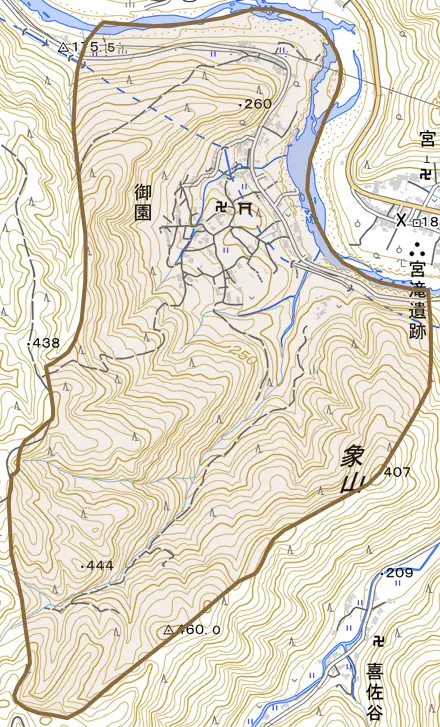 大字御園とその周辺の地図。町の範囲を重ねている
