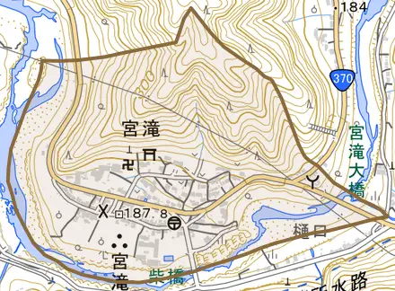 大字宮滝とその周辺の地図。町の範囲を重ねている