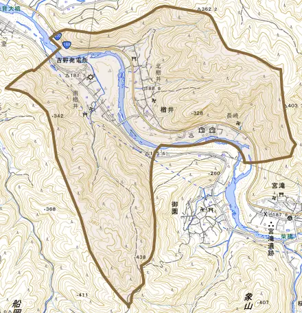 大字楢井とその周辺の地図。町の範囲を重ねている
