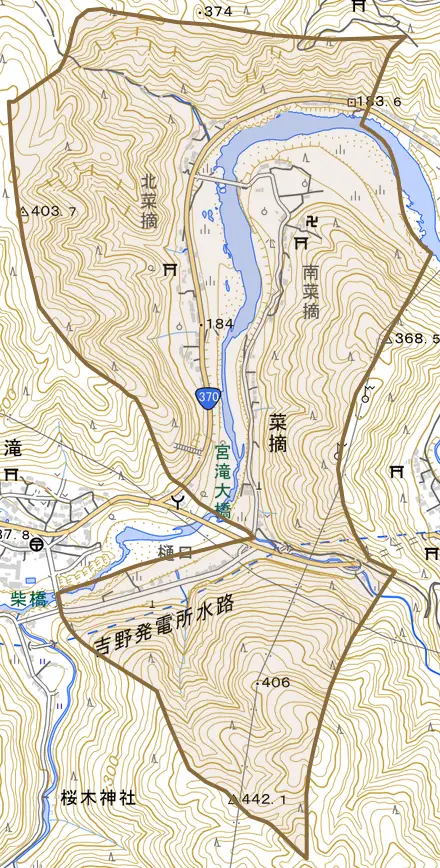 大字菜摘とその周辺の地図。町の範囲を重ねている