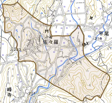 大字佐々羅とその周辺の地図。町の範囲を重ねている