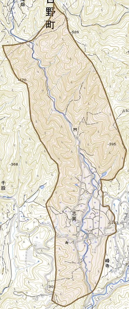 大字志賀とその周辺の地図。町の範囲を重ねている