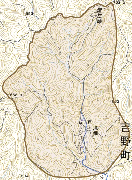 大字滝畑とその周辺の地図。町の範囲を重ねている