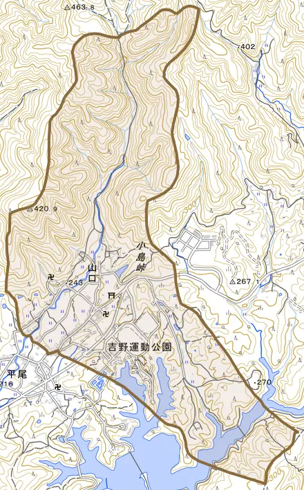 大字山口とその周辺の地図。町の範囲を重ねている
