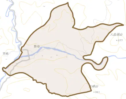 新谷とその周辺の地図。町の範囲を重ねている