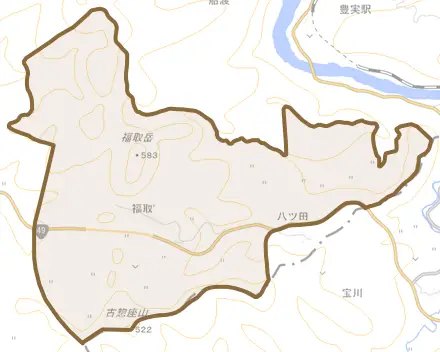 福取とその周辺の地図。町の範囲を重ねている
