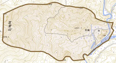 古岐とその周辺の地図。町の範囲を重ねている