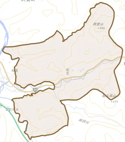 花立とその周辺の地図。町の範囲を重ねている