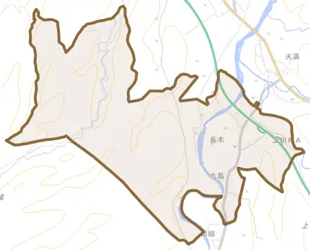 払川とその周辺の地図。町の範囲を重ねている