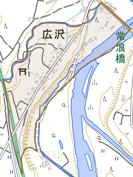 広沢とその周辺の地図。町の範囲を重ねている