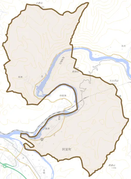 鹿瀬とその周辺の地図。町の範囲を重ねている