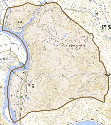 川口とその周辺の地図。町の範囲を重ねている