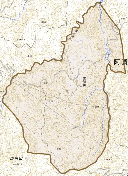雲和田とその周辺の地図。町の範囲を重ねている