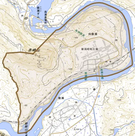 向鹿瀬とその周辺の地図。町の範囲を重ねている