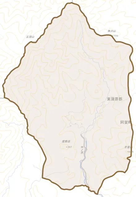 中ノ沢とその周辺の地図。町の範囲を重ねている